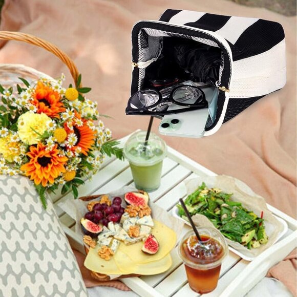 🆕Women' Black White Crochet Striped Beach Clutch Ruched Dumpling Handbag Wallet - Picture 7 of 7